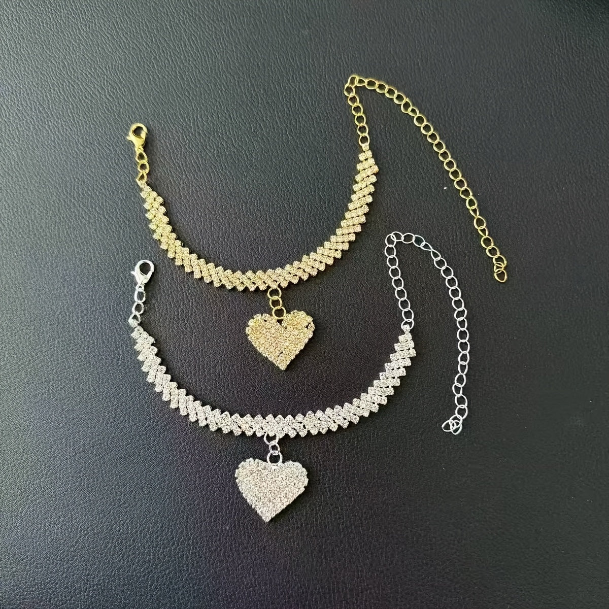 2pcs Elegant Rhinestone Heart Bracelet & Ankle Chain Set - Golden Tone, Sparkling Crystal Design, Perfect for Beach, Holiday, and Everyday Wear, Beach Accessories|Chic Accessory|Durable Bracelet, Beach Bracelet